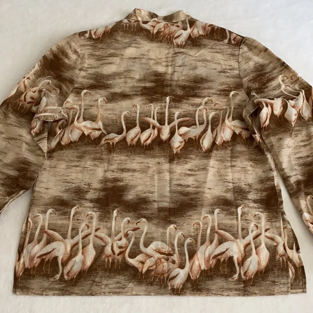 {VTG} Alex Colman Sportswear | 70s Flamingo Print Lightweight LS Pullover Blouse - Picture 11 of 16